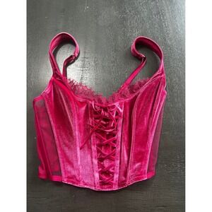 Victoria's Secret Pink Velvet Lace Up Corset XS Boned Mesh Lace Trim Romantic